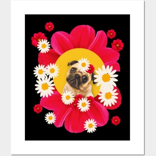 pug in pink flowers Posters and Art